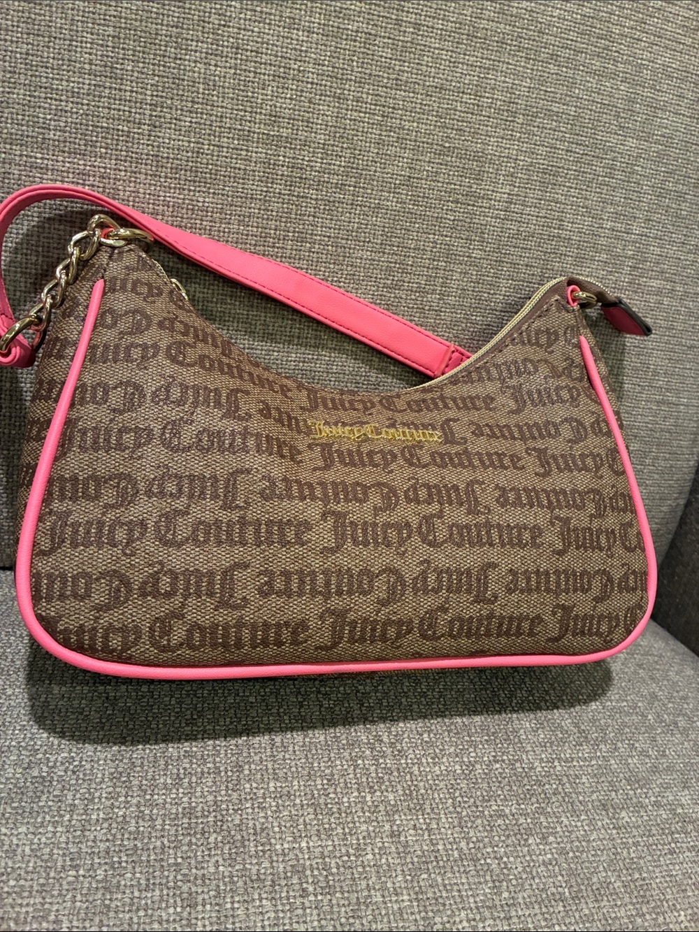 Juicy Couture Brown Monogram Hobo Shoulder Bag with Pink Trim